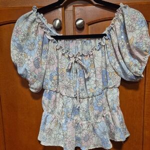 Peach Love California Pastel Floral Puff-Sleeve Peasant Top